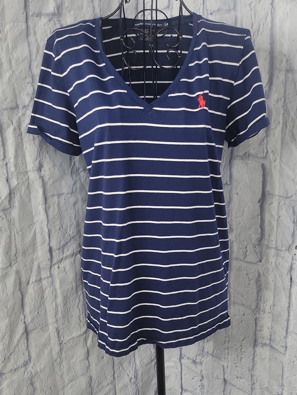 Ralph Lauren Sport Large Navy/White Striped V-Neck Pony Logo Tee Shirt Women's